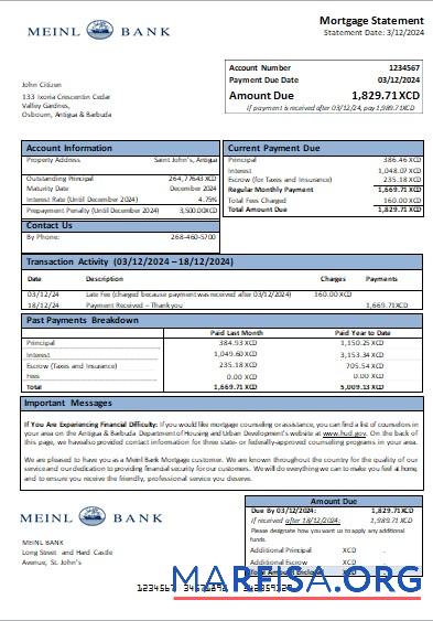 Realistic Antigua & Barbuda Meinl Bank mortgage statement scr real example